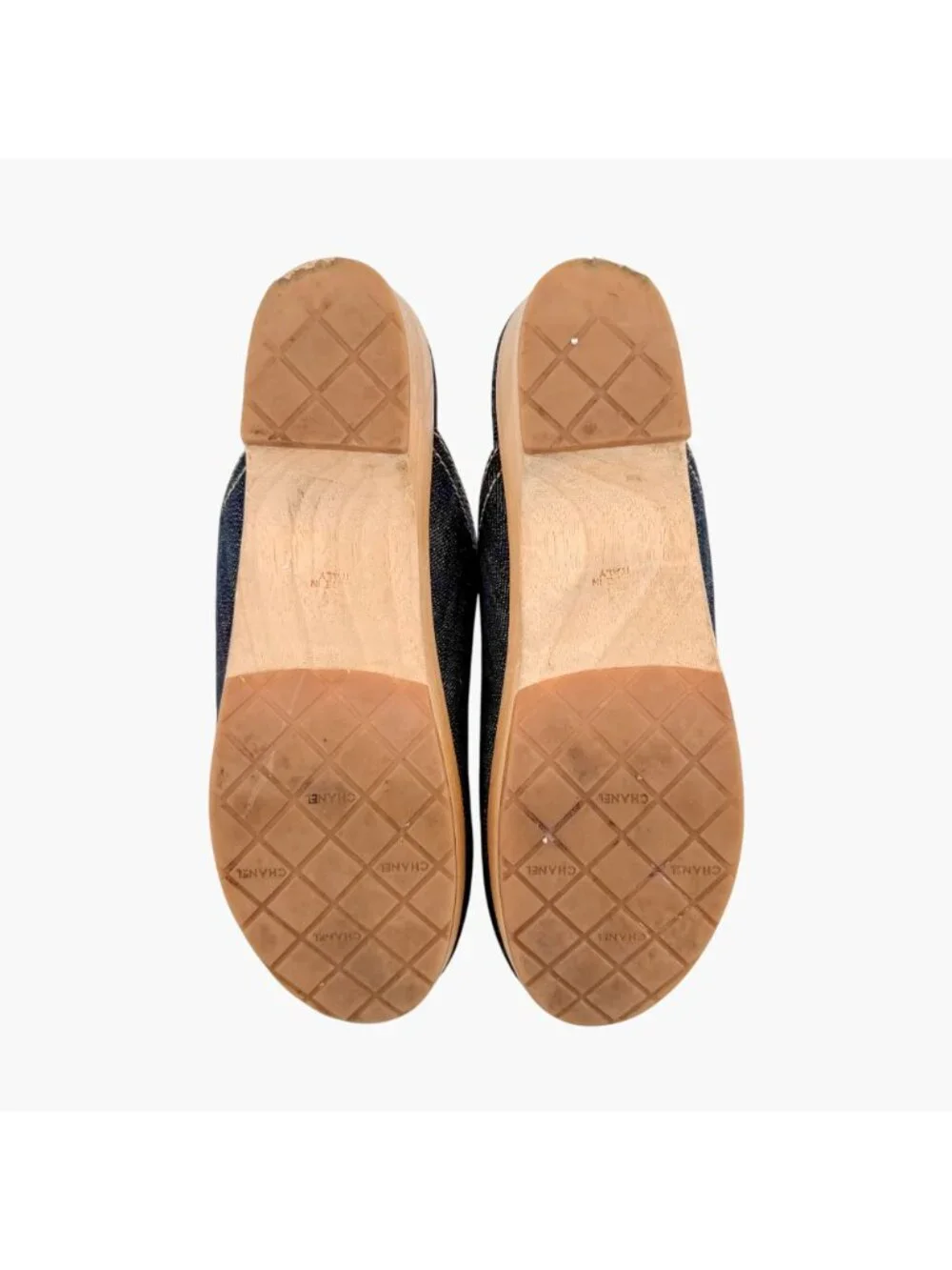 Chanel Denim CC Clogs Navy Blue Platform Mules Wooden Size 41 US 10-10.5 Women’s